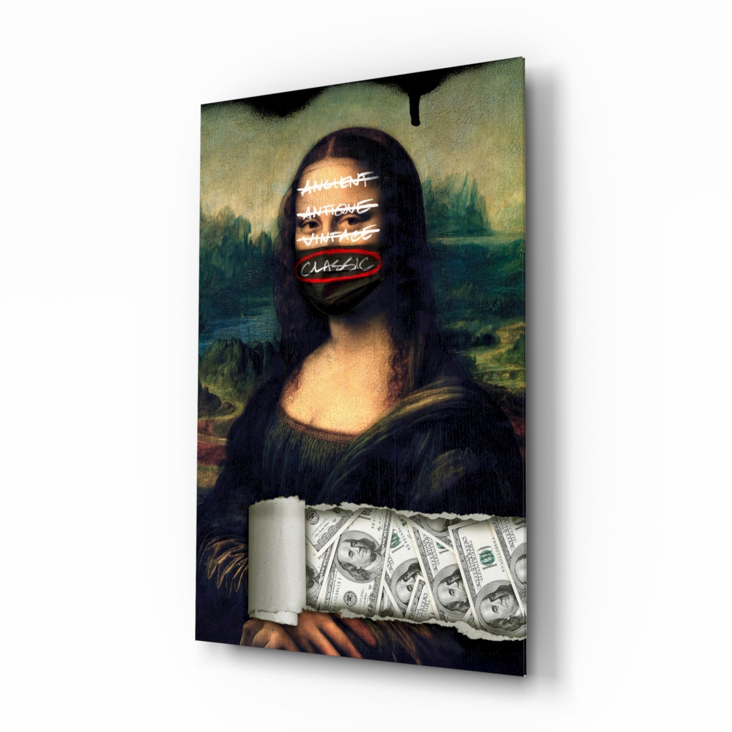Mona Lisa glass art displayed at angle showing neon text overlay on face, money-patterned fabric in hands, and classical landscape background.