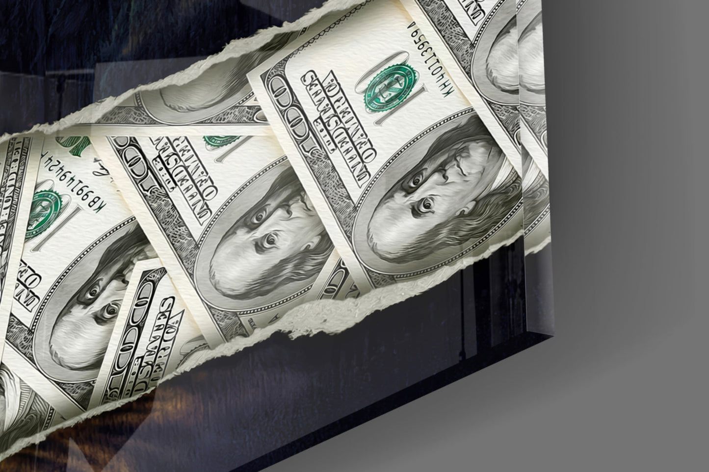 Close-up angled view of glass wall art featuring repeated portraits of a woman's face printed on white and green dollar bill-inspired design.