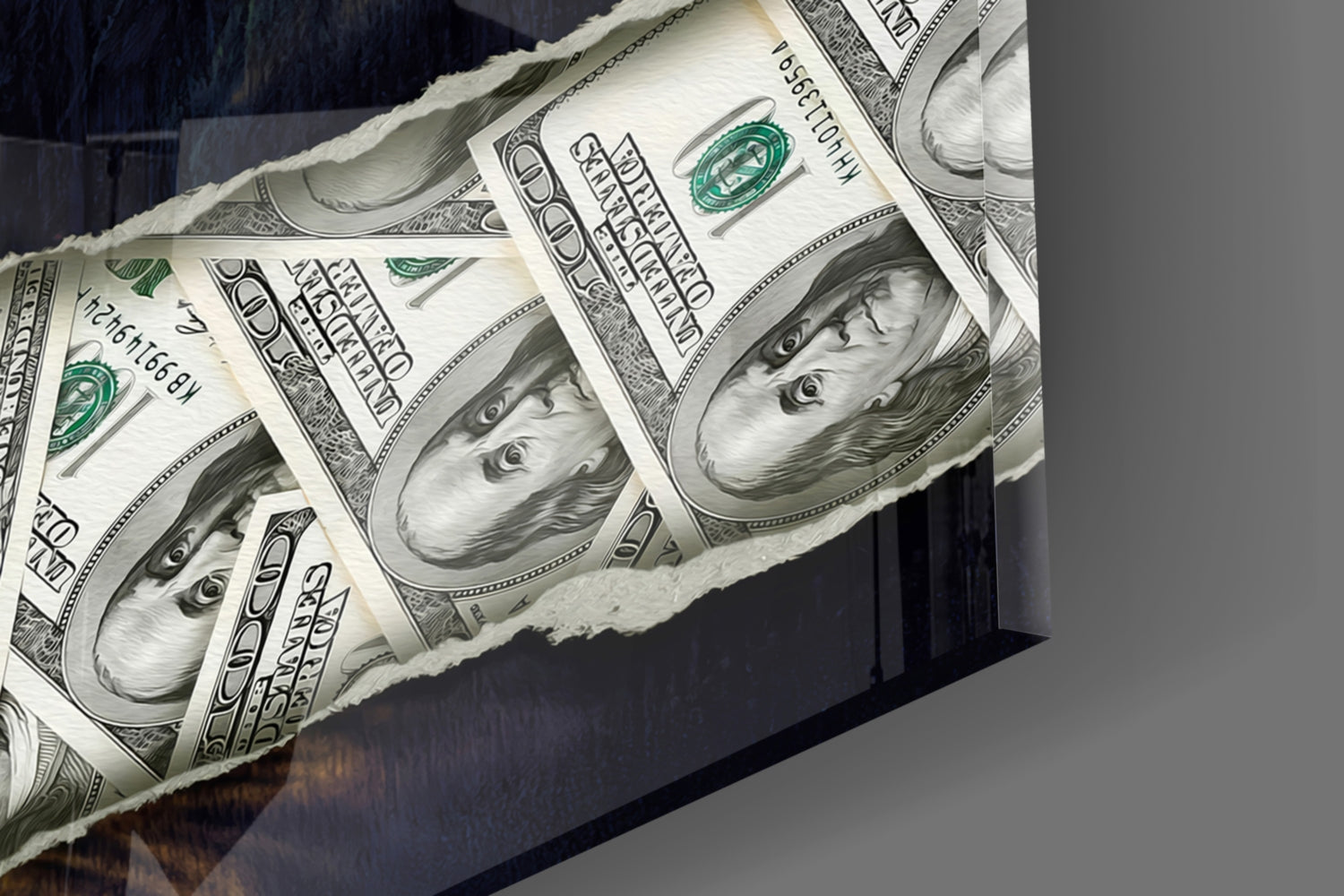 Close-up angled view of glass wall art featuring repeated portraits of a woman's face printed on white and green dollar bill-inspired design.