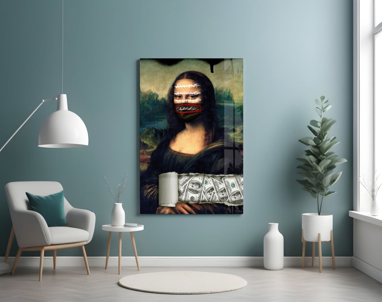 Modern Mona Lisa pop art glass panel with neon text overlay displayed on teal wall above white chair and potted plant.