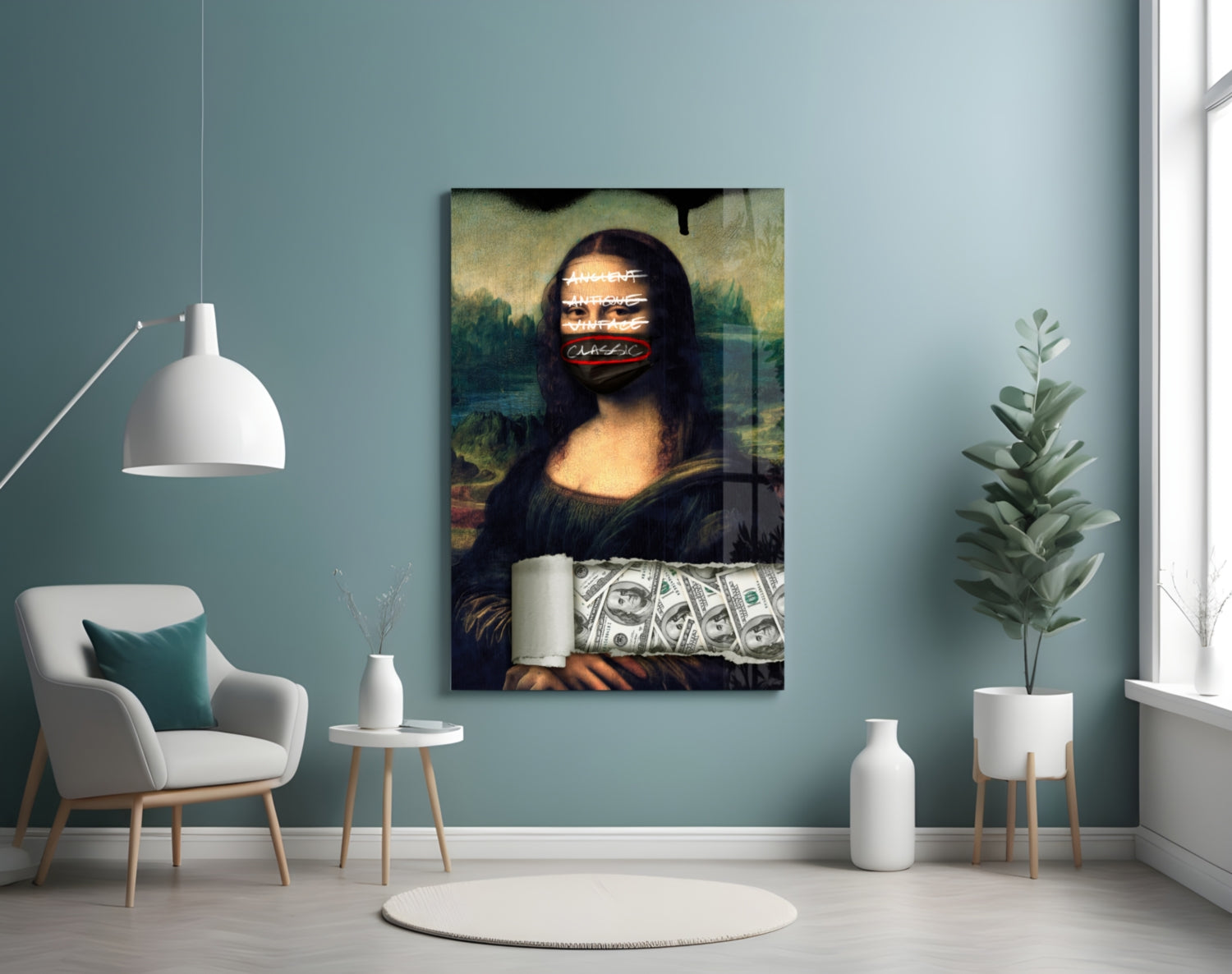 Modern Mona Lisa pop art glass panel with neon text overlay displayed on teal wall above white chair and potted plant.