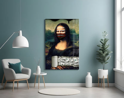 Modern Mona Lisa pop art glass panel with neon text overlay displayed on teal wall above white chair and potted plant.