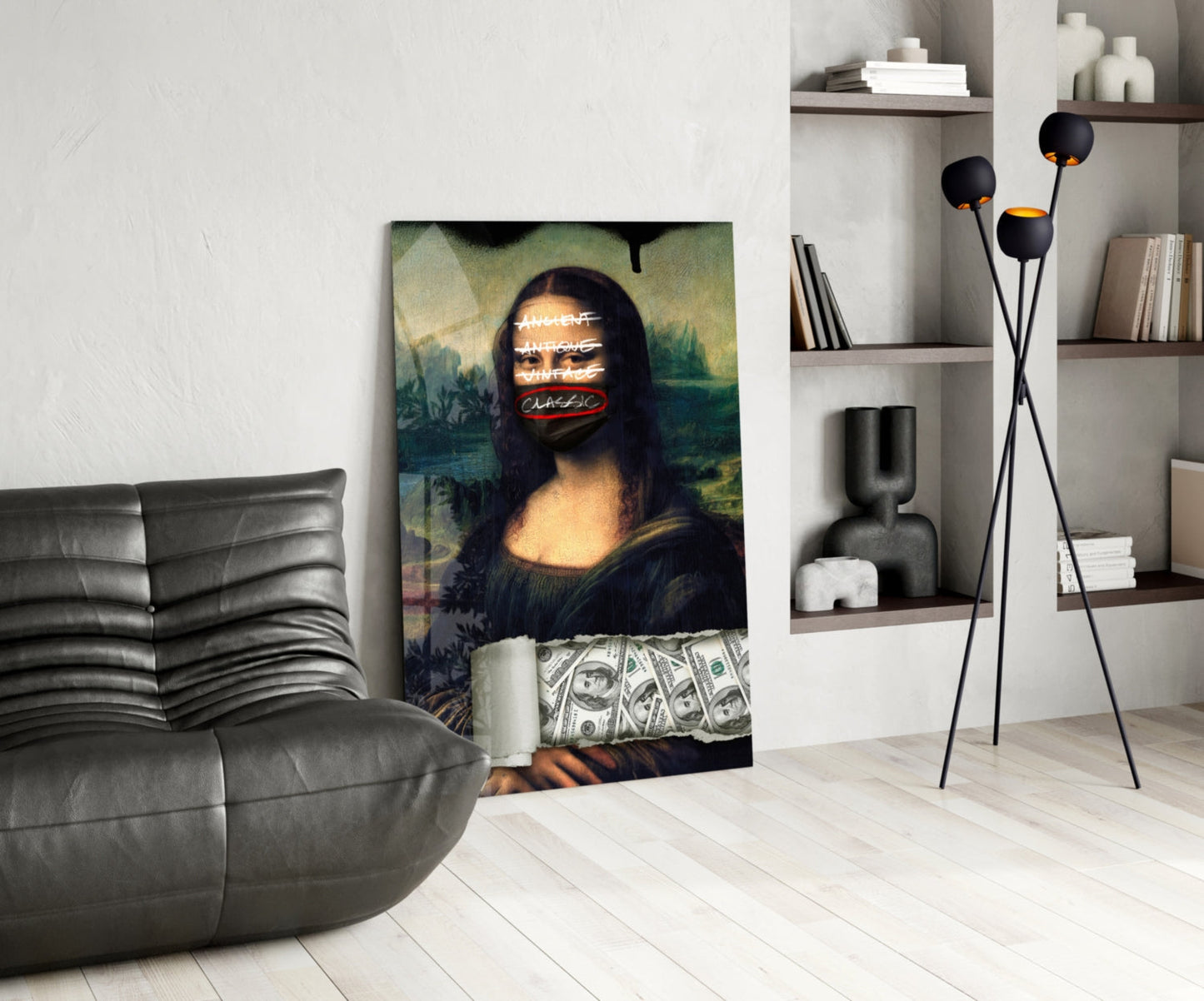 Modern Mona Lisa glass wall art with neon text overlay displayed in contemporary living room with gray sofa and shelving.