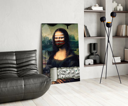 Modern Mona Lisa glass wall art with neon text overlay displayed in contemporary living room with gray sofa and shelving.