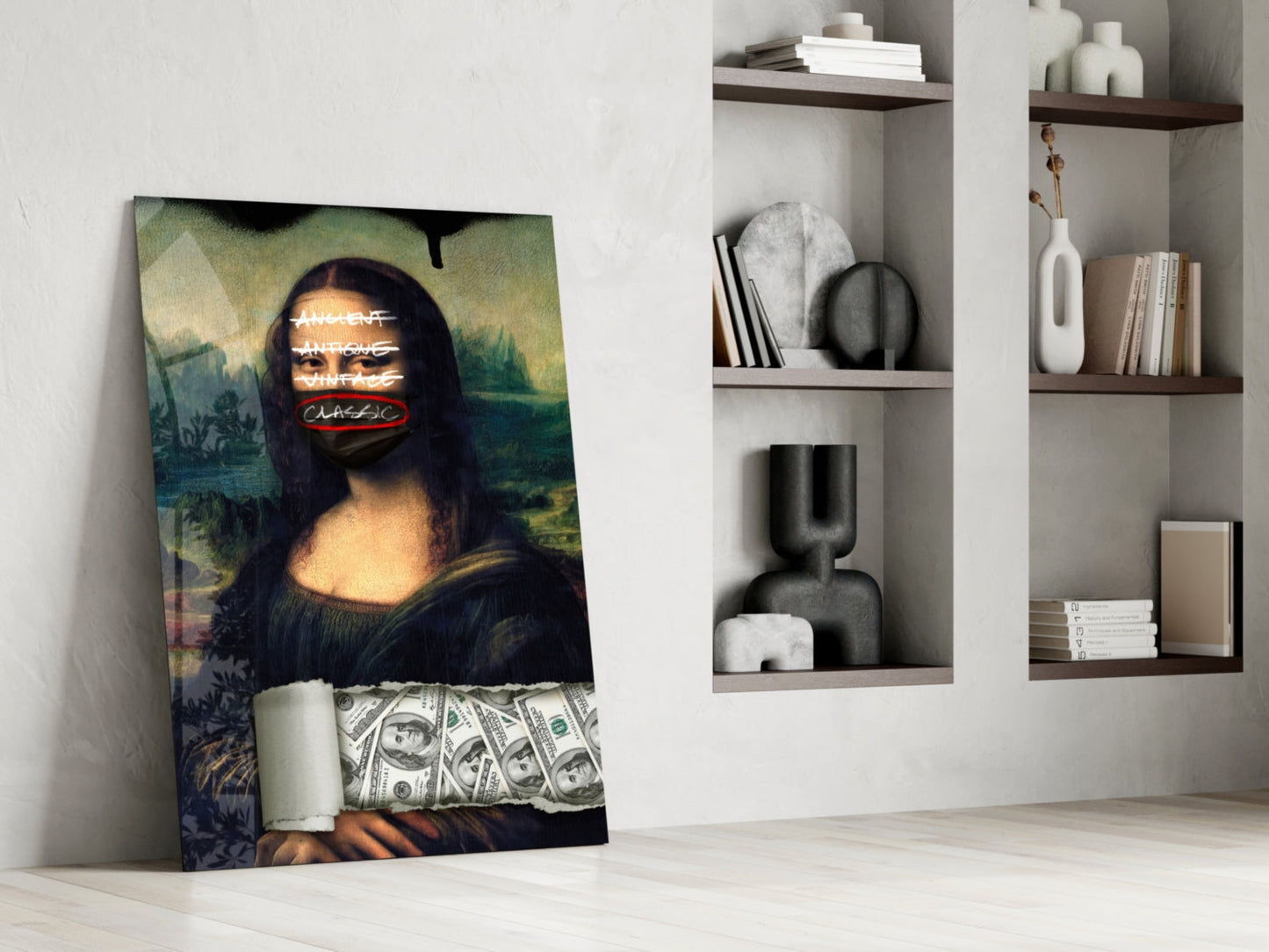Modern Mona Lisa pop art glass panel leaning against white wall beside shelving, featuring neon text overlay and dollar bill imagery.