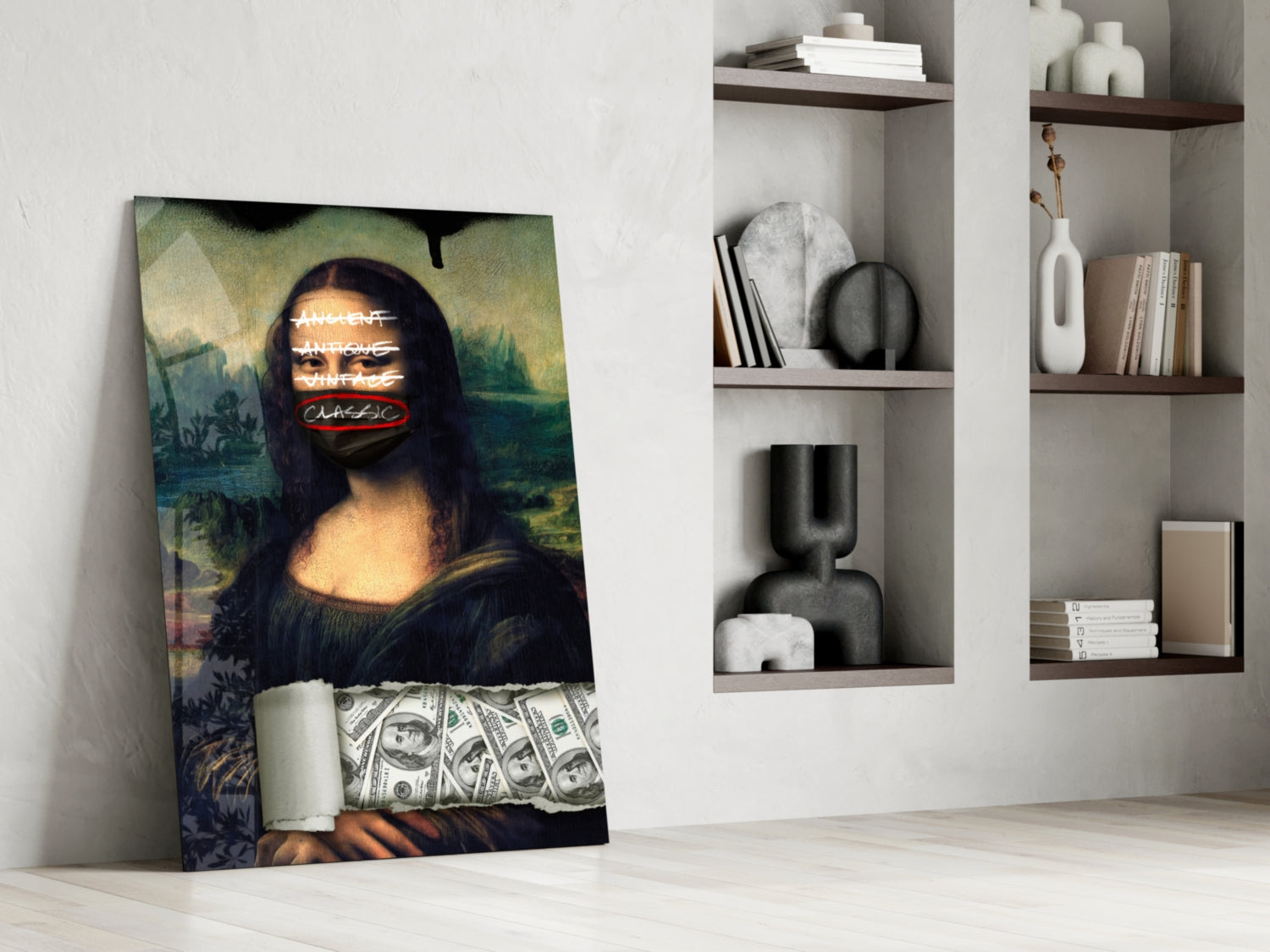 Modern Mona Lisa pop art glass panel leaning against white wall beside shelving, featuring neon text overlay and dollar bill imagery.