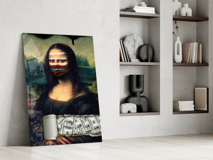 Modern Mona Lisa pop art glass panel leaning against white wall beside shelving, featuring neon text overlay and dollar bill imagery.