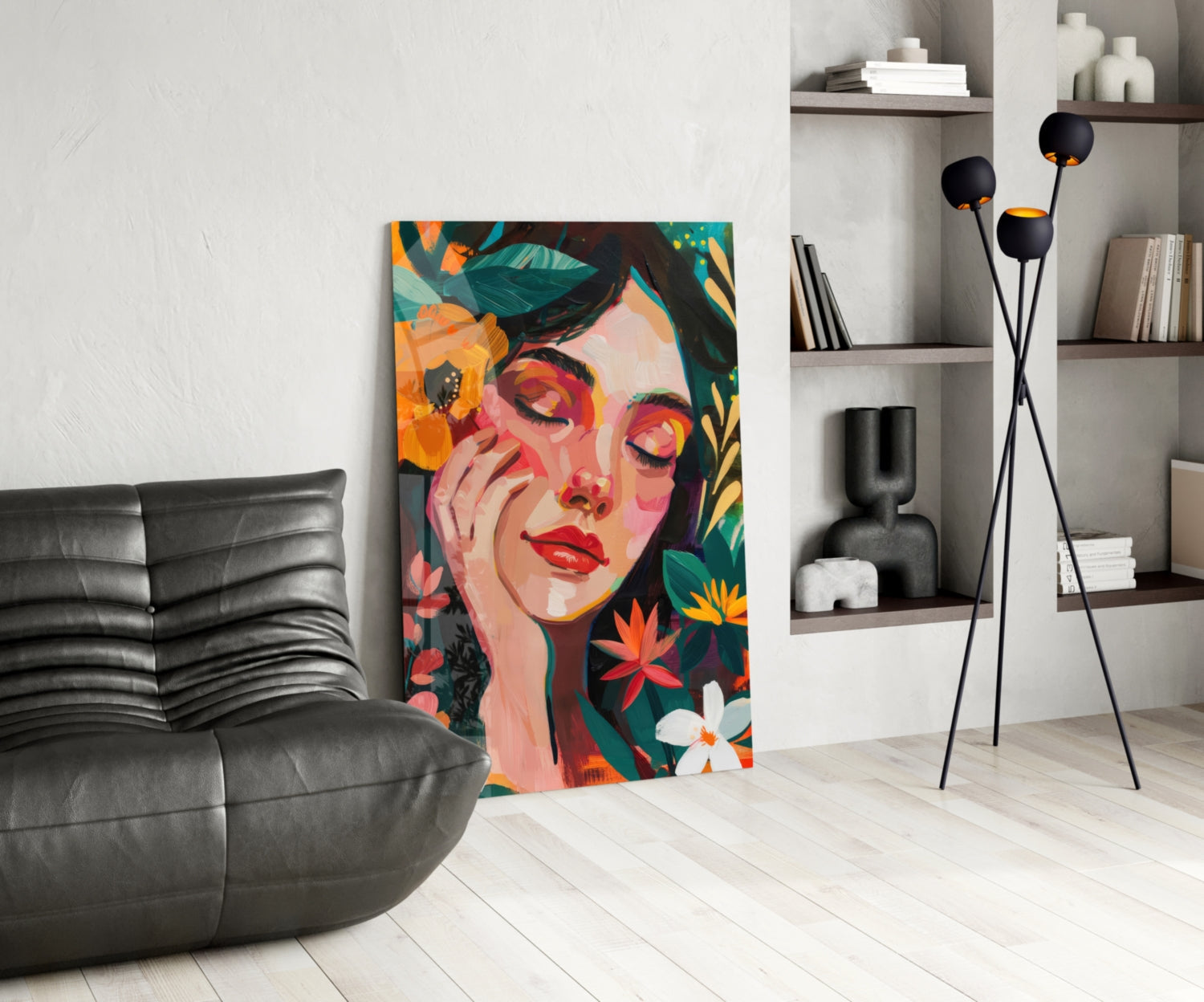 Colorful pop-art portrait glass panel displaying woman's face with vibrant floral elements in living room setting.