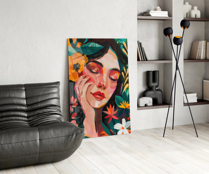 Colorful pop-art portrait glass panel displaying woman's face with vibrant floral elements in living room setting.