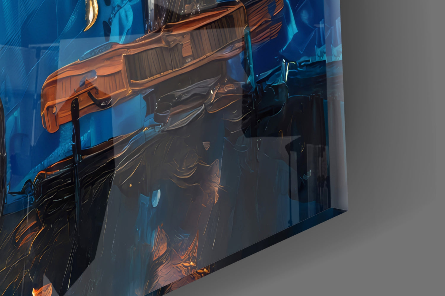 Glass wall art panel displayed at an angle showing orange and black brushstroke design against blue background.