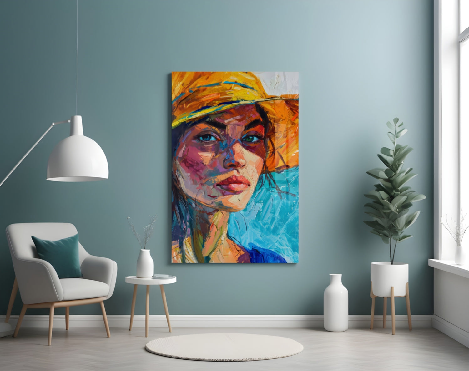 Colorful abstract portrait of woman wearing orange hat displayed on teal wall above white chair and potted plant.