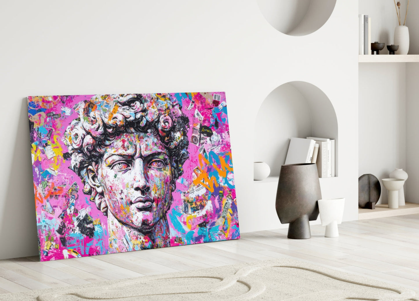 Vibrant graffiti-style glass wall art featuring a colorful classical bust portrait displayed in a minimalist white interior setting.