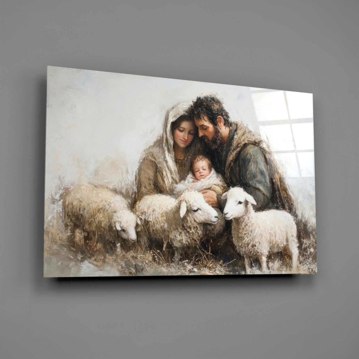 Glass wall art depicting a bearded man and woman with an infant surrounded by white sheep in a warm-toned interior setting.