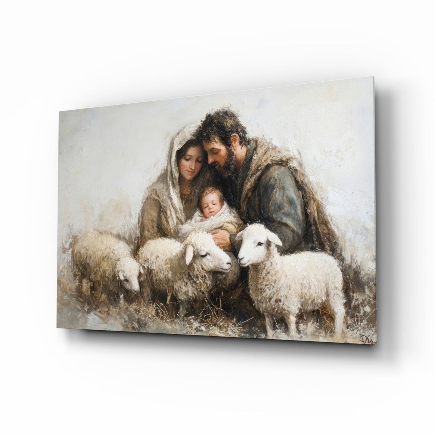 Glass wall art depicting a bearded man and woman with infant and two white sheep against a neutral background.