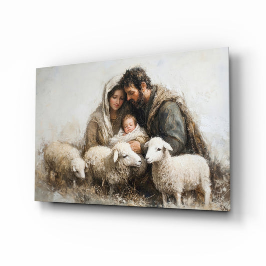 Glass wall art depicting a bearded man and woman with infant and two white sheep against a neutral background.
