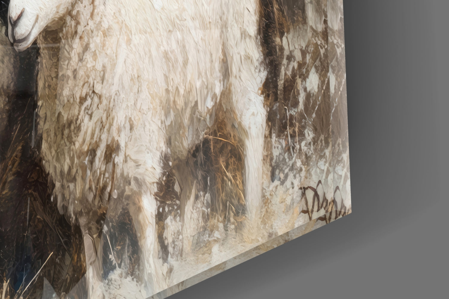 Close-up angled view of glass wall art showing textured white and brown brushstrokes with artist signature.