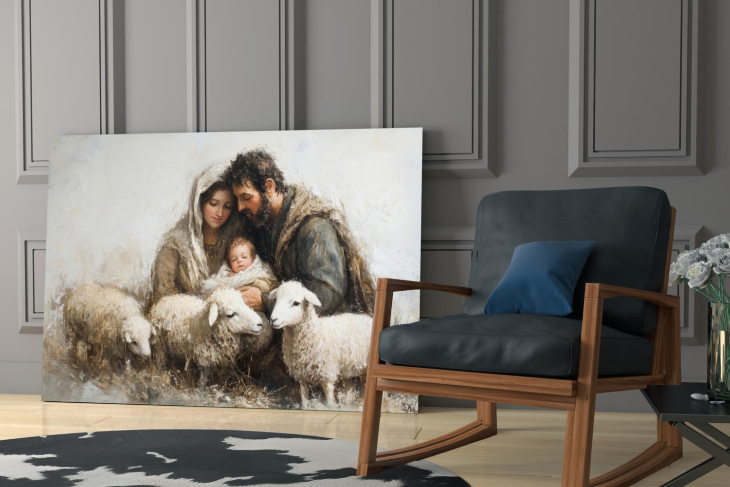 Glass wall art depicting a bearded man, woman, and child with sheep in muted earth tones, displayed in modern interior setting.