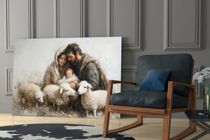 Glass wall art depicting a bearded man, woman, and child with sheep in muted earth tones, displayed in modern interior setting.