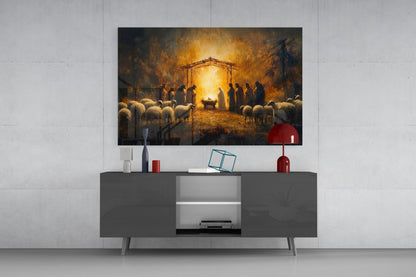 Birth Glass Wall Art displayed above a dark gray media console with red decorative lamp and accessories in modern living room setting.