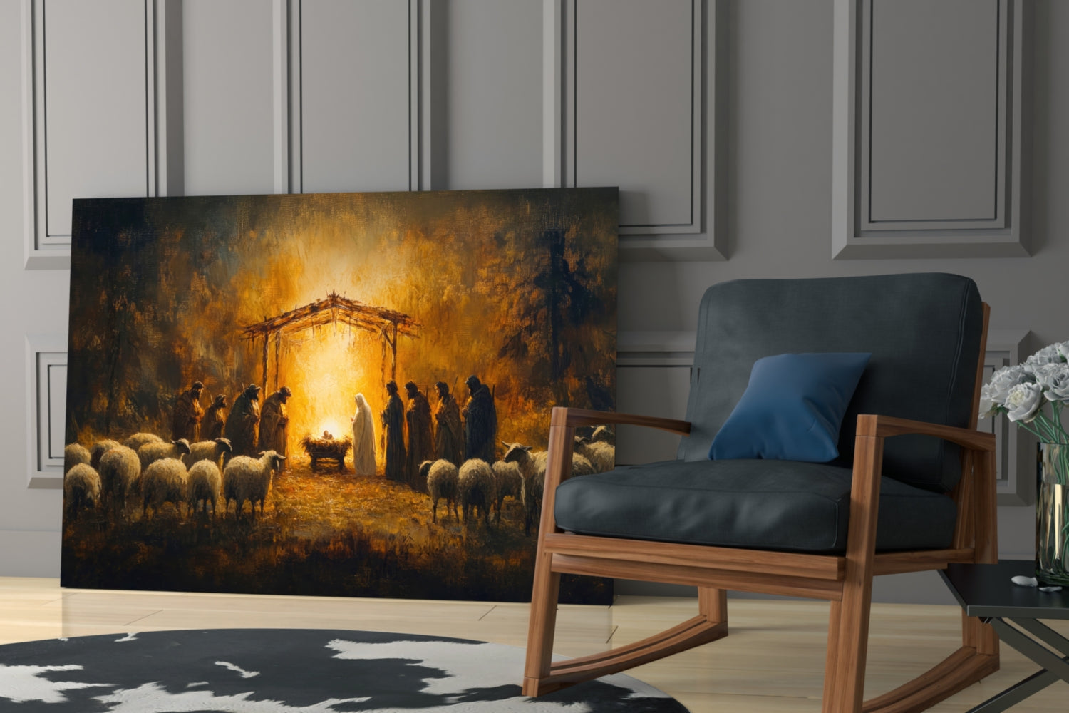 Birth Glass Wall Art displayed leaning against wall beside wooden chair in modern living room setting.