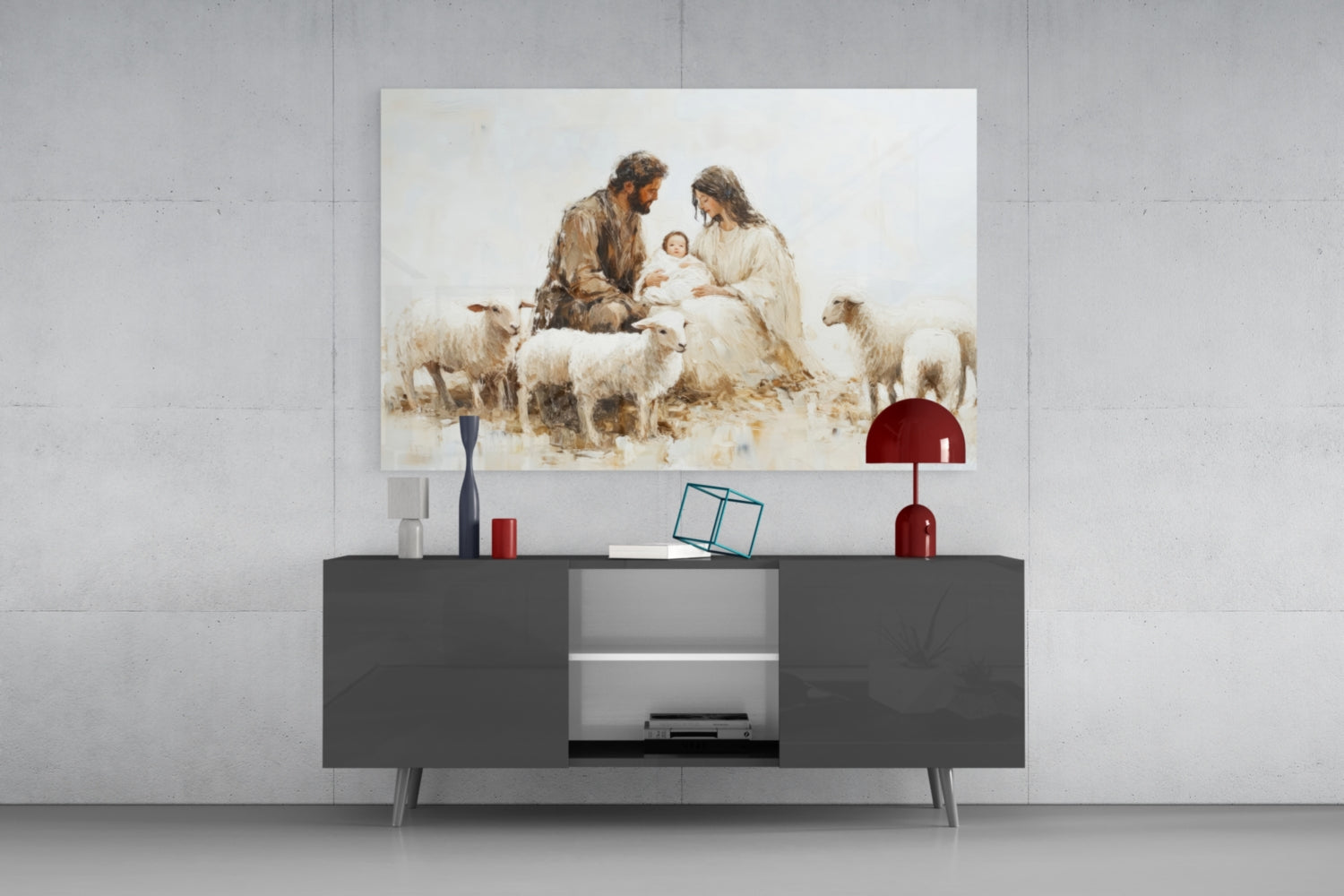 Glass wall art depicting nativity scene with man, woman, infant and sheep displayed above dark media console in modern interior.