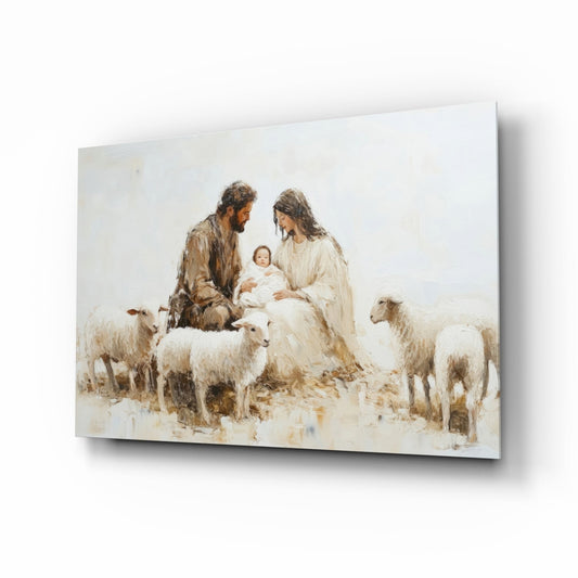Glass wall art panel displaying a pastoral scene with two figures and infant surrounded by sheep in muted earth tones, mounted at an angle against white background.