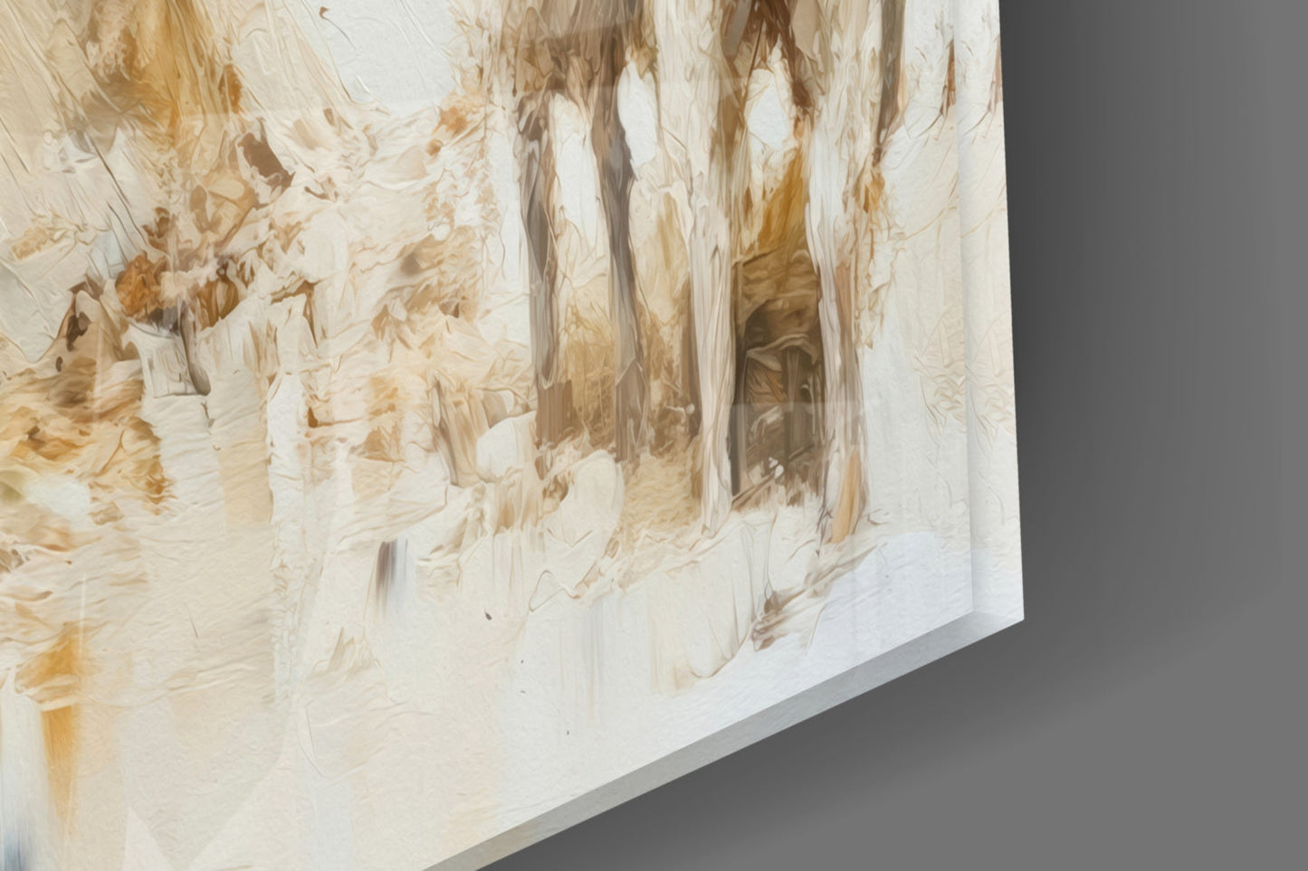 Close-up detail of textured glass wall art showing cream, tan, and white brushstroke patterns with thick impasto surface against gray background.