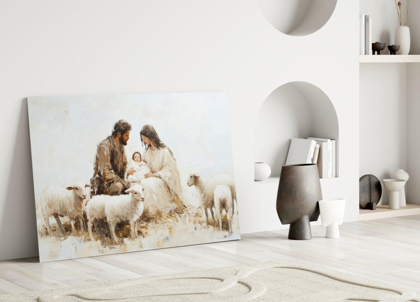Glass wall art depicting shepherds with sheep and infant in warm earth tones, leaning against white wall in minimalist interior.