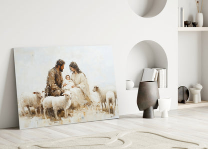 Glass wall art depicting shepherds with sheep and infant in warm earth tones, leaning against white wall in minimalist interior.