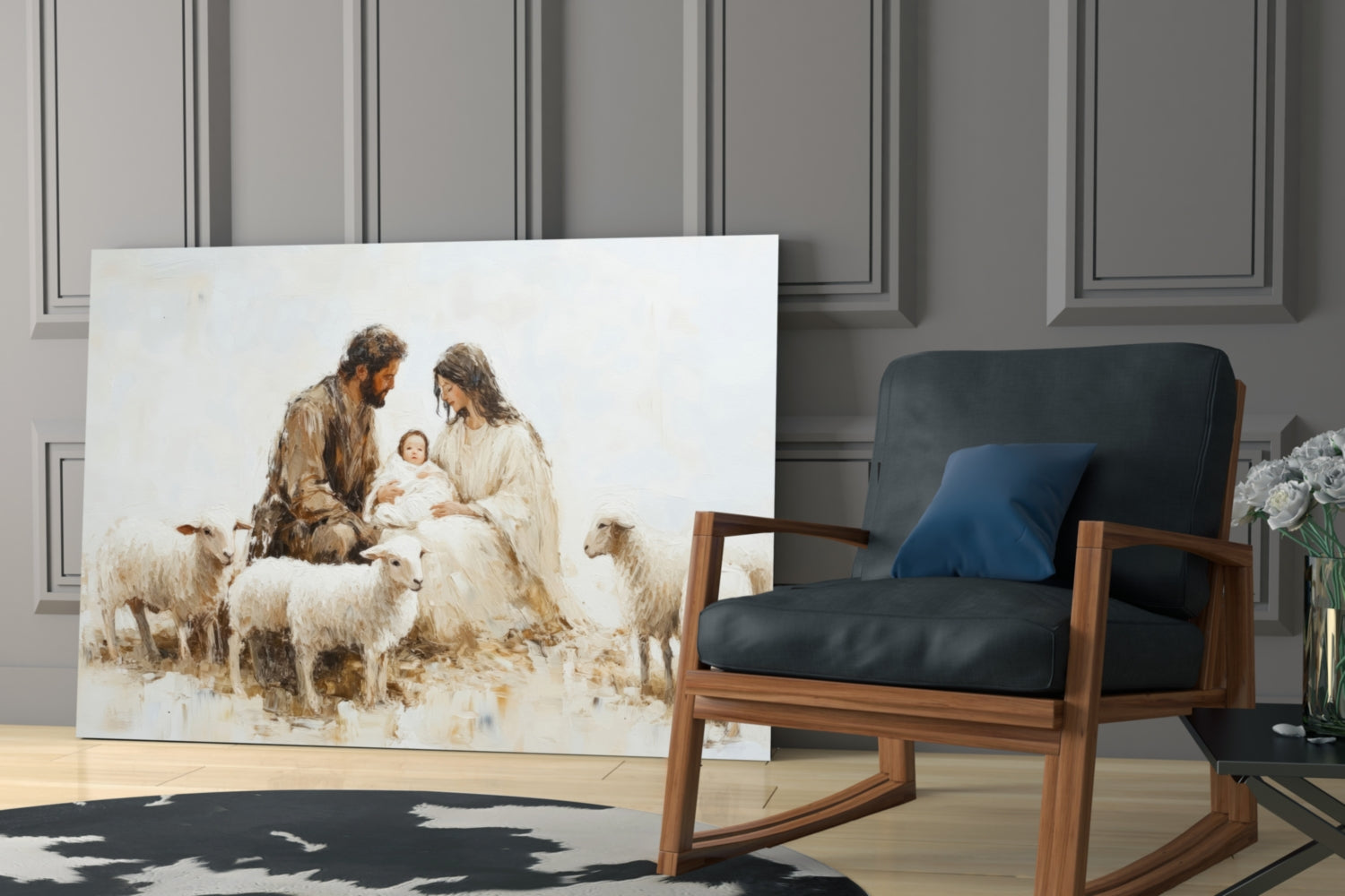 Glass wall art depicting Mary, Joseph, and infant Jesus surrounded by sheep in sepia tones, displayed in modern living room beside wooden chair.