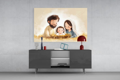 Glass wall art depicting a stylized holy family with warm beige tones displayed above a dark modern media console.