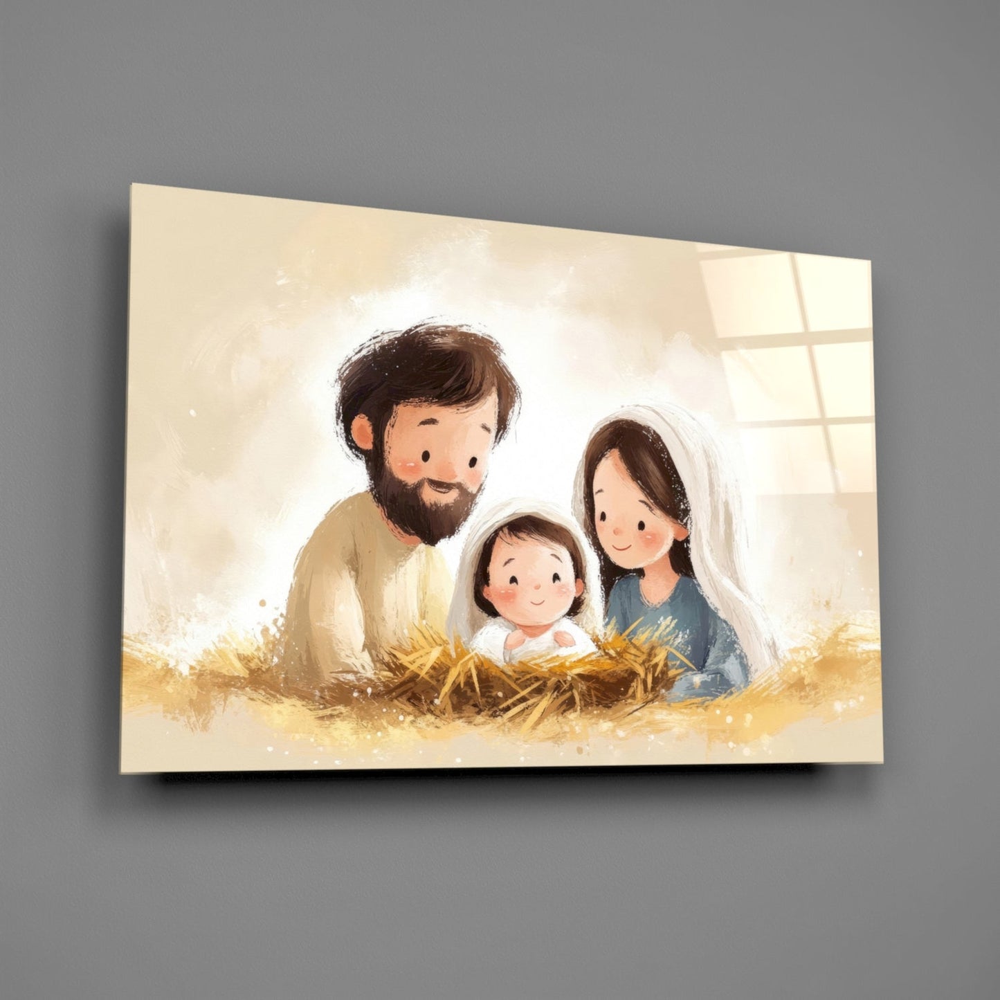 Glass wall art depicting a bearded man, woman with white headscarf, and child in manger scene with golden straw and warm lighting.