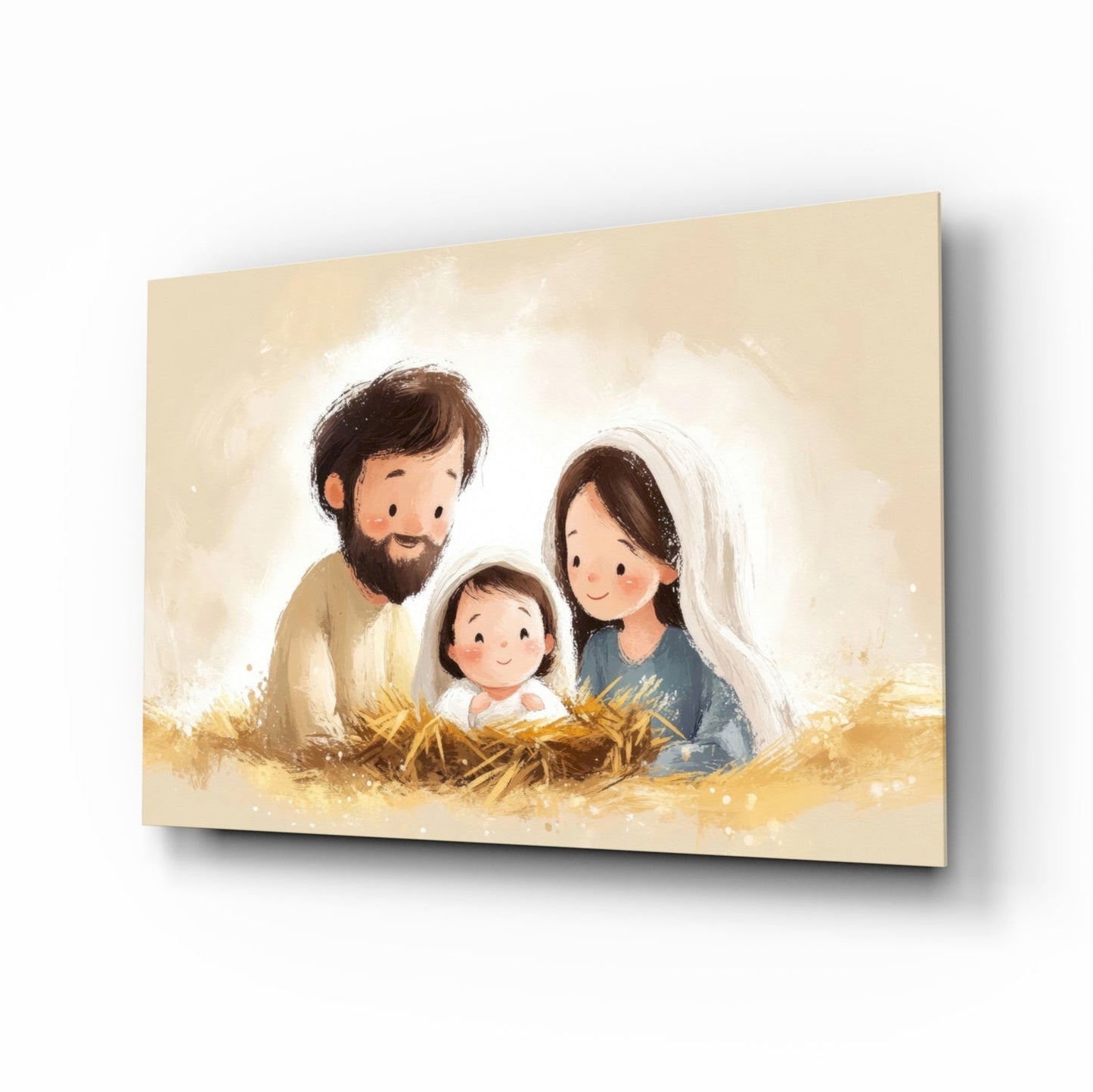 Glass wall art panel featuring illustrated holy family with bearded man, woman in white veil, and infant in manger, warm beige and gold tones, angled three-quarter view.