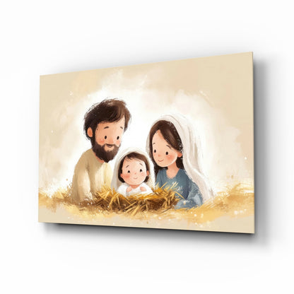 Glass wall art panel featuring illustrated holy family with bearded man, woman in white veil, and infant in manger, warm beige and gold tones, angled three-quarter view.