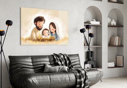 Glass wall art depicting a bearded man, woman, and child in warm earth tones displayed above a black leather sofa.