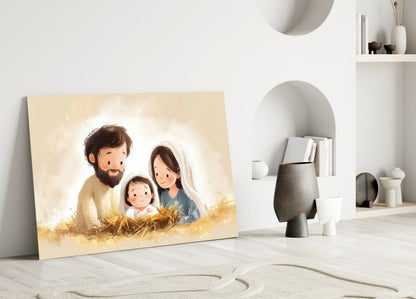 Glass wall art depicting a bearded man, woman with headscarf, and child in golden wheat field displayed leaning against white wall.