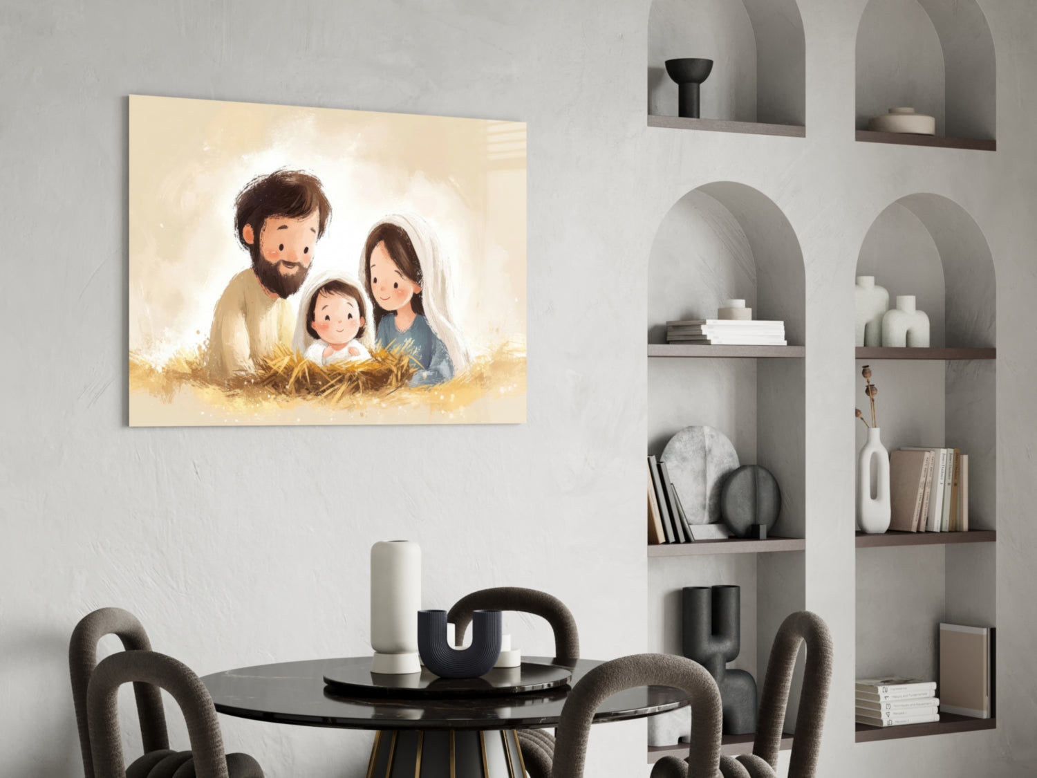 Warm-toned illustration of Holy Family with child displayed as glass wall art above dining table in modern interior.