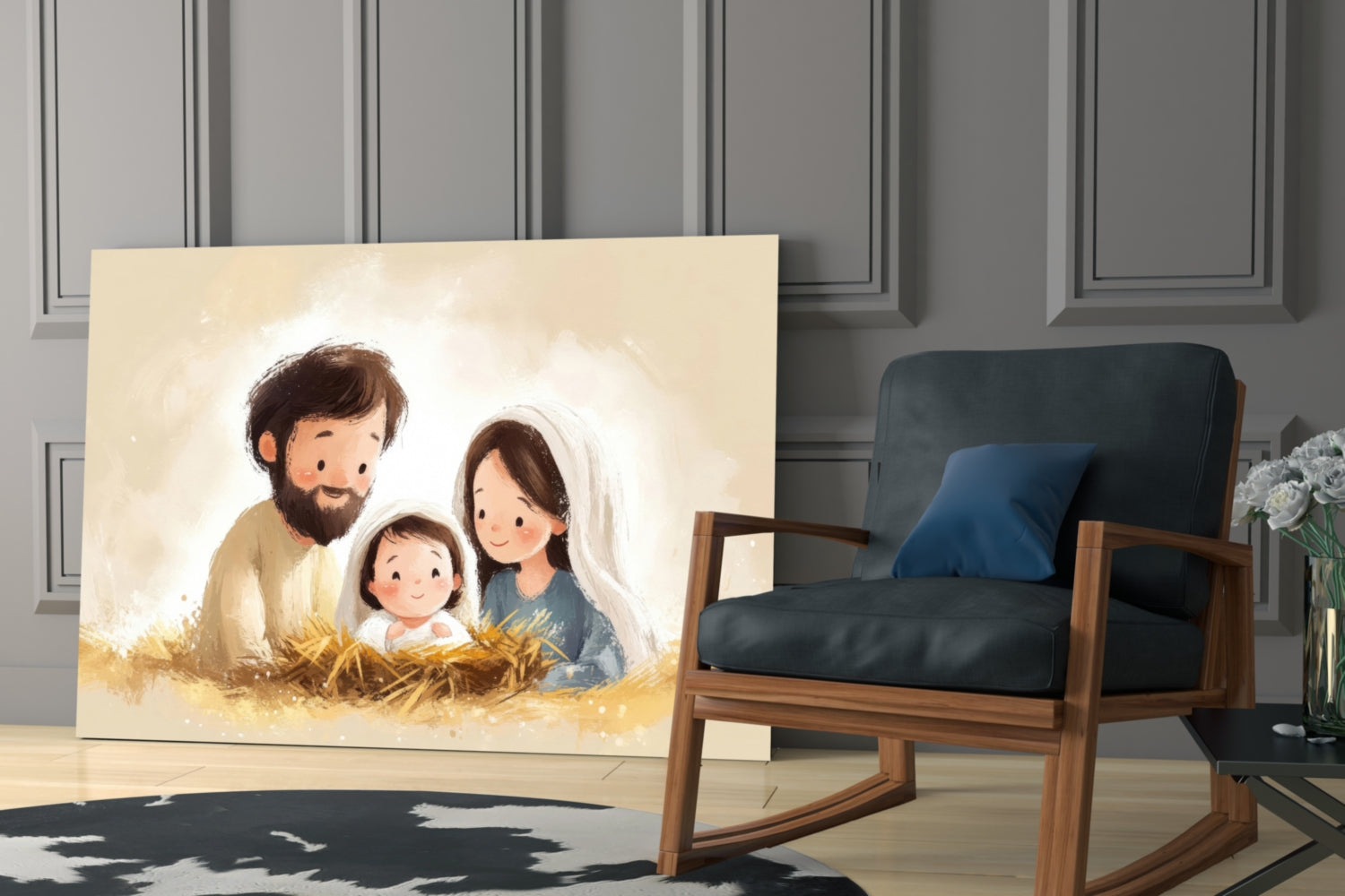 Framed glass wall art depicting a bearded man, woman with head covering, and child sitting in straw against warm cream background, displayed in modern living room with wooden chair.