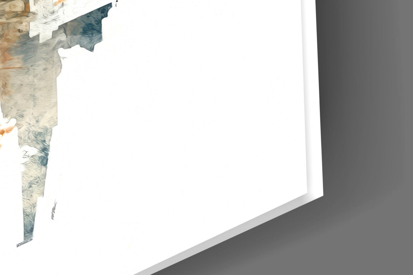 Close-up detail of textured glass wall art showing blue-grey and cream marbled pattern on left edge against white background.