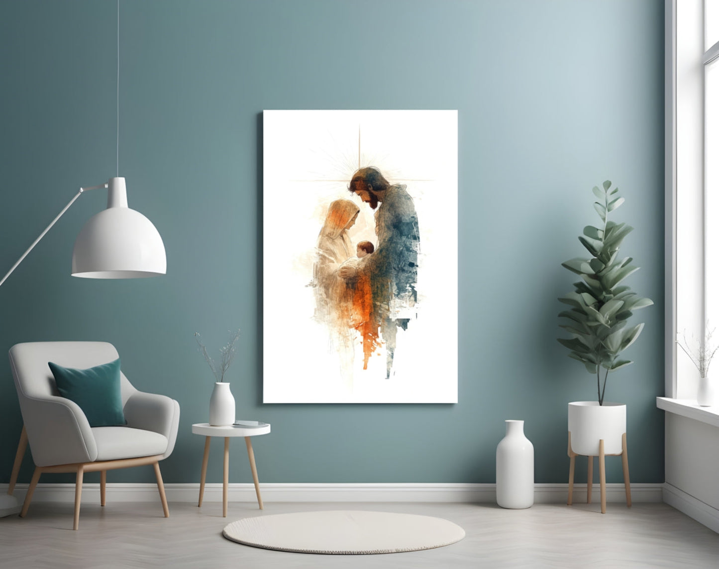 Holy Family glass wall art depicting two figures in warm and cool watercolor tones, displayed in a modern living room setting.