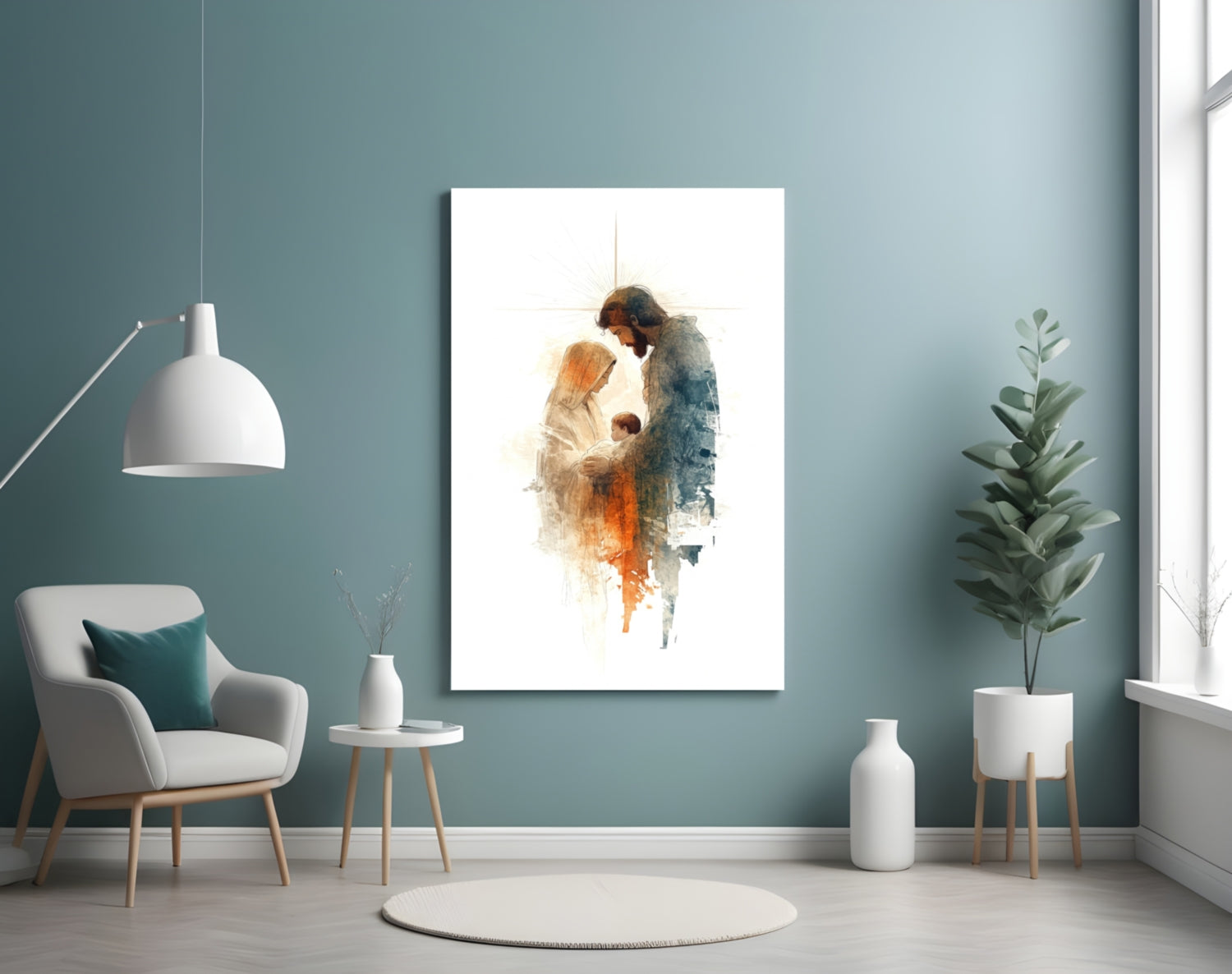 Holy Family glass wall art depicting two figures in warm and cool watercolor tones, displayed in a modern living room setting.