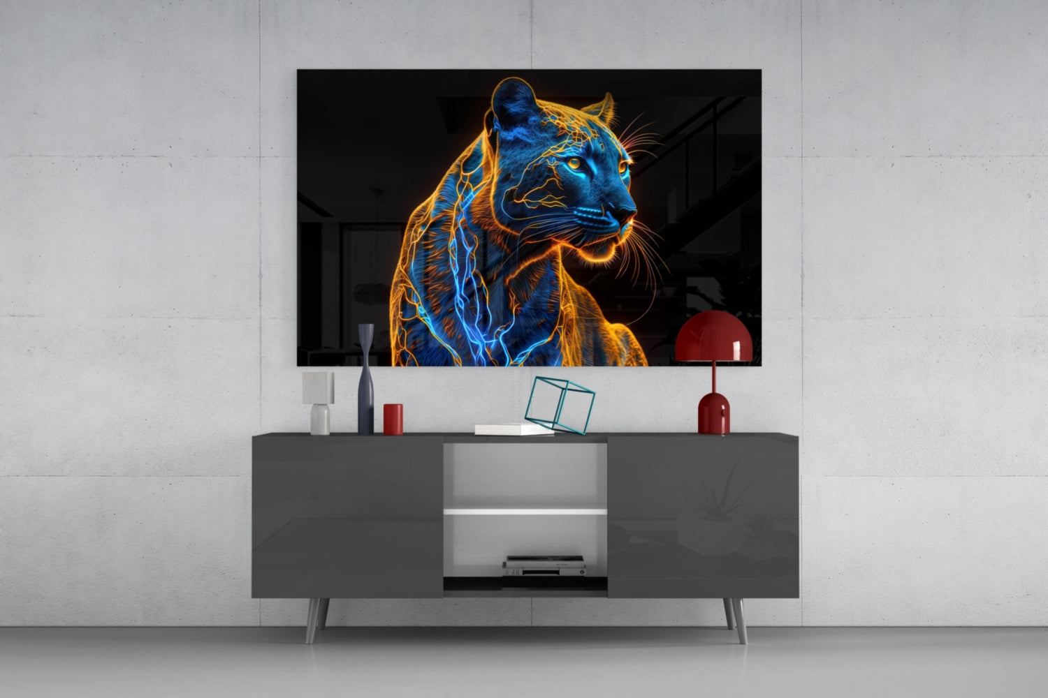 Neon jaguar glass wall art displayed on TV above gray media console, glowing blue and gold against black background.