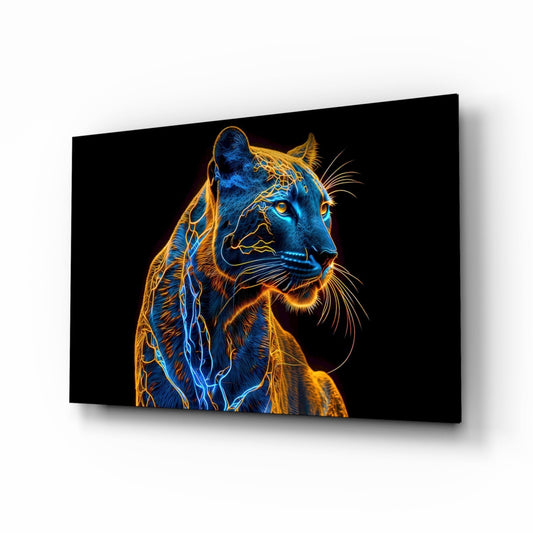 Neon jaguar glass wall art displayed at an angle, featuring blue and gold glowing lines on black background with luminous yellow eyes.