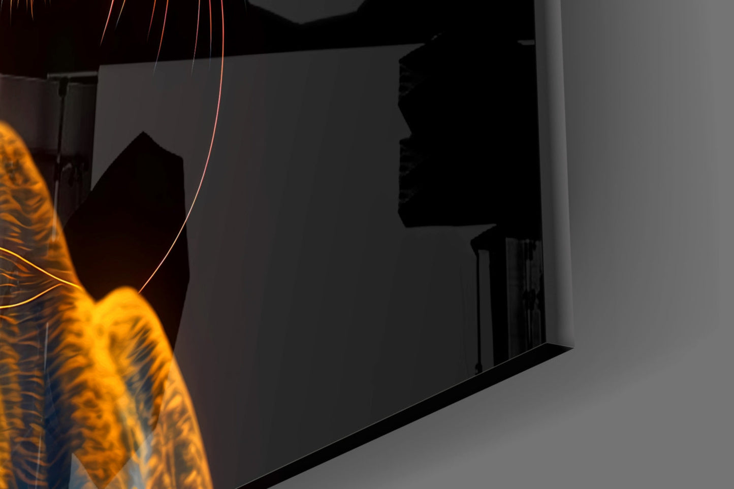 Neon Jaguar glass wall art with glowing yellow and blue design against dark interior wall, angled view.