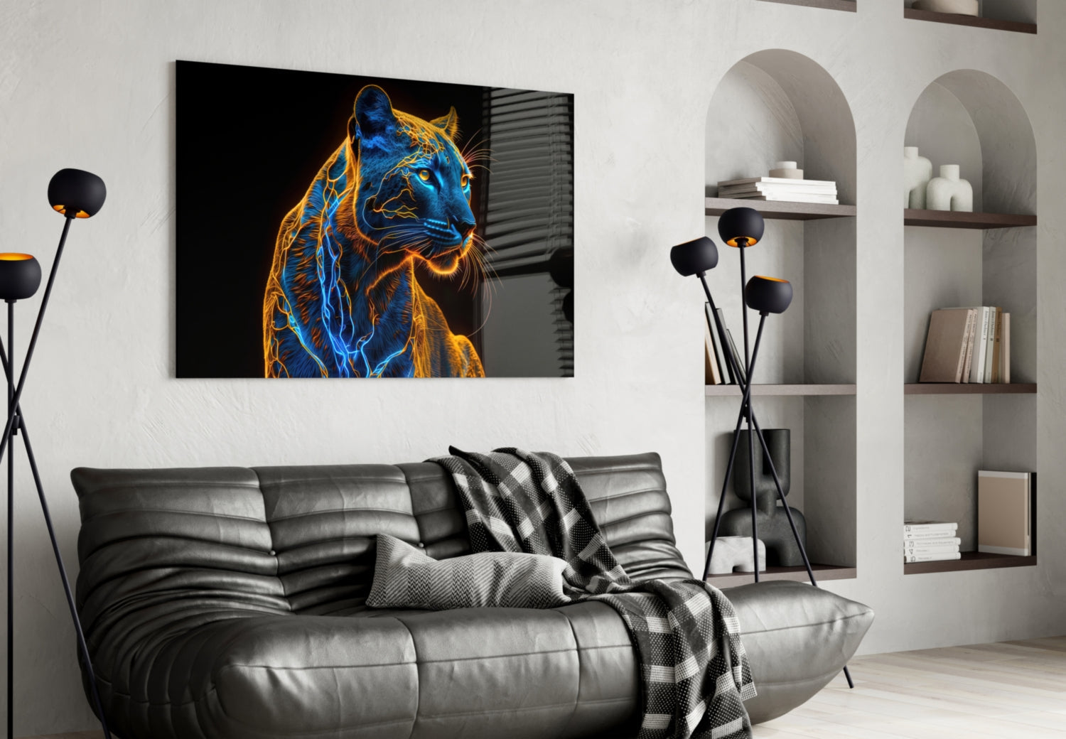 Neon jaguar glass wall art displayed above black leather sofa in modern living room with built-in shelving.