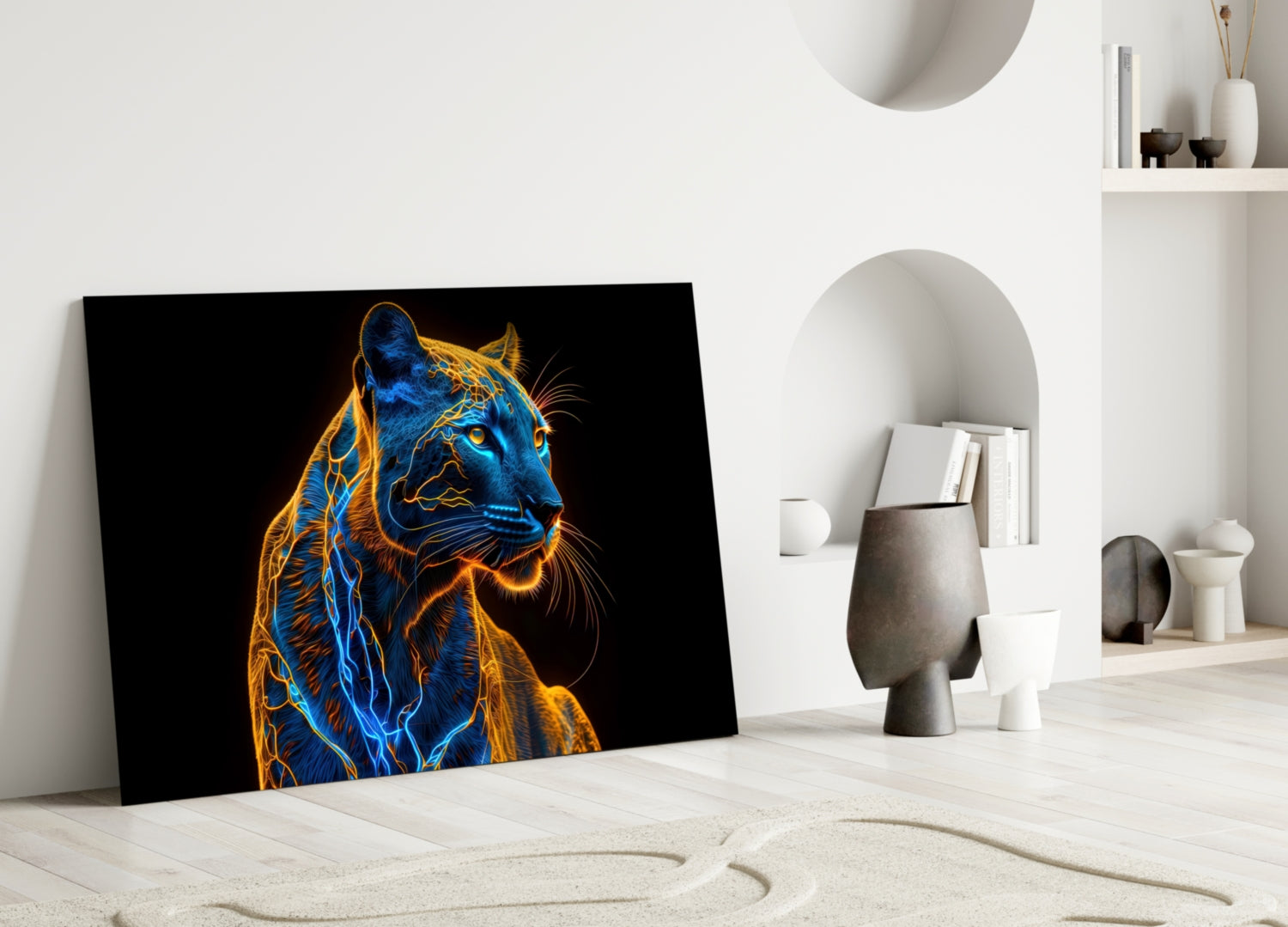 Neon jaguar glass art leaning against wall in minimalist room, displaying blue and gold glowing cat portrait on black background.