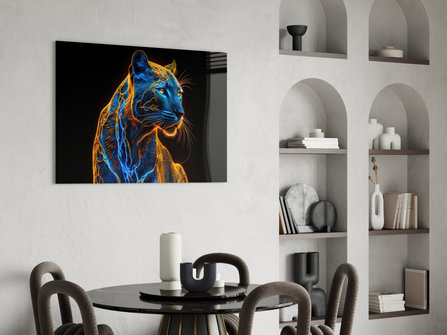 Neon jaguar glass wall art with blue and gold glowing lines displayed above a black dining table in a modern interior setting.