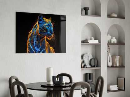 Neon jaguar glass wall art with blue and gold glowing lines displayed above a black dining table in a modern interior setting.