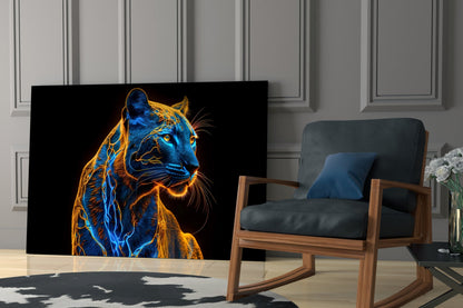 Neon jaguar glass wall art displayed in a modern living room beside a wooden chair, showing blue and gold glowing design on black background.