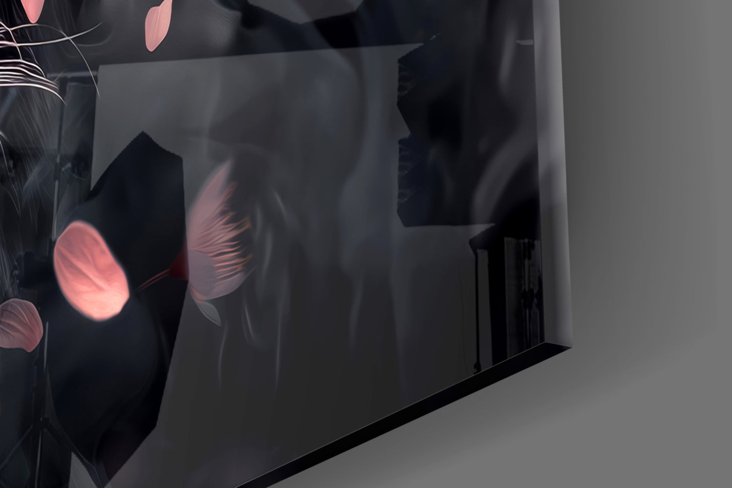 Close-up angled view of frosted glass wall art with pink and black floral silhouettes and translucent layered panels.